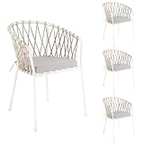 LOLAhome Set 4 Sillas de Jardín Myra de Acero y Cuerda Trenzada Color Blanco, Patas Desmontables Uso Exterior