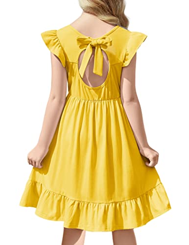 Flypigs Girls Dress Flutter Sleeve A-Line Stretch Sundress Casual Elegant Dresses For 6-7 Years Kids Yellow #TOP27