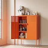 COFaR Orange Metal Storage Cabinet, 47”H Vibrant Coffee Bar & Buffet Sideboard with Adjustable Shelves, Fun Kitchen Organizer, Ventilated Steel Cabinet with Magnetic Doors for Dining Room, Office