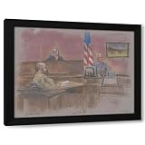Brigitte Woosley 24x19 Black Modern Framed Art Print Titled: Defendant Nidal Malik Hasan During His Court Martial with Witness Stephen Bennett and Judge (2013)