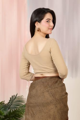 Image of Mlada V-Neck Stretchable Saree Blouse Top for Women | Slim Fit 3 /4th Sleeves Solid Cotton Blouses | Readymade Saree Blouses for Women Festive & Ethnic | Blouse Crop Top