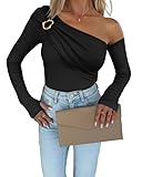 Ninimour Women‘s Long Sleeve Shirts Cold Shoulder Metal Ring Decor Ruched Top Slim Fit Layering Blouses with Thumb Hole Cuffs-bk-L Black