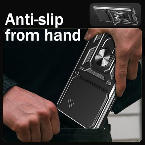 Image of SPAZY CASE iQOO Z9s Pro 5G / Vivo T3 Pro 5G Back Cover | Heavy Duty Hybrid Case with 360 Degree Rotating Finger Ring Holder + Slider Shutter Camera Protection Case - Black