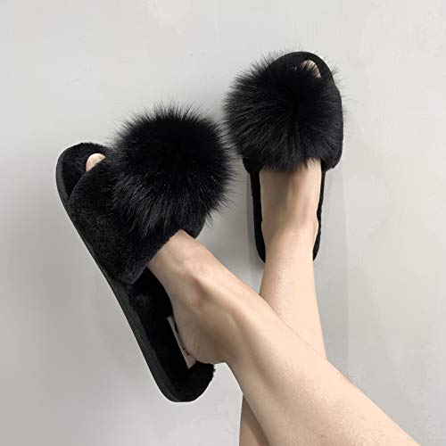 Women Slippers with Real Fox Fur Ball, Girl Furry Cozy Warm House Slipper, Open Toe Soft Flat Slide Sandals for Women Indoor Outdoor2