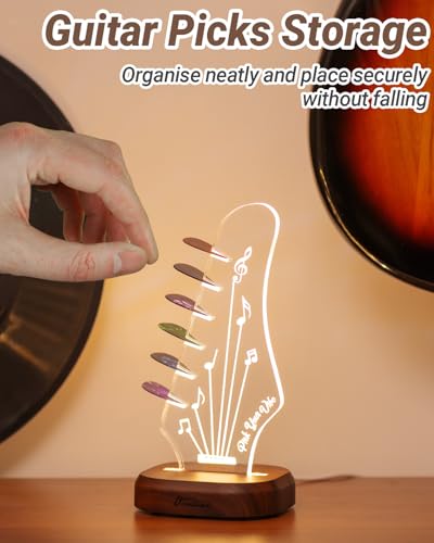 Light Up Guitar Pick Holder with 6 Guitar Picks, Acacia Wood & Acrylic Guitar Headstock Shaped Pick Holder Case for Guitar Pick Storage & Display, Guitar Music Accessories Gift for Guitar Lover Player