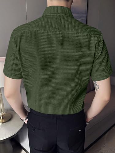 Image of GRECIILOOKS Shirt for Men | Mens Casual Shirt | Men Stylish Shirt | Men Waffle Shirt | Men's Regular Fit | Men Formal Shirt | Short Sleeve Shirt for Summer Outdoor Activities |Textured Shirts for Men