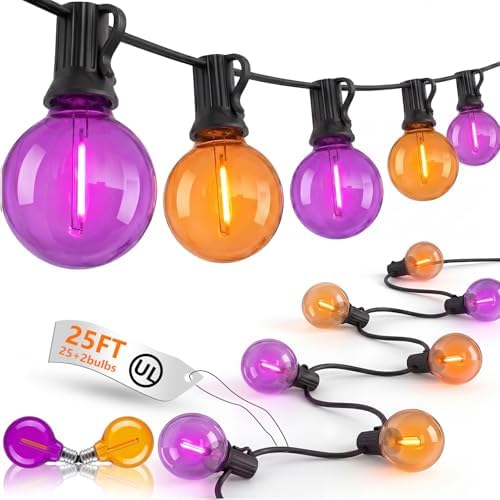 25FT G40 LED Outdoor Halloween String Lights, Orange and Purple Halloween Decorations Lights with 27 Shatterproof Globe Bulbs(2 Spare), Hanging Patio Lights for Holiday Balcony Backyard Party Garden
