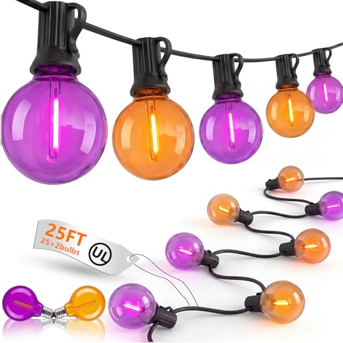 25FT G40 LED Outdoor Halloween String Lights, Orange and Purple Halloween Decorations Lights with 27 Shatterproof Globe Bulbs(2 Spare), Hanging Patio Lights for Holiday Balcony Backyard Party Garden