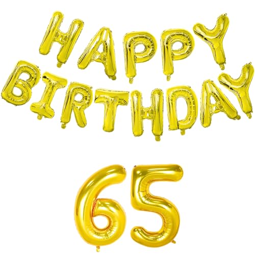 Image of Flyloons 65th Golden Happy Birthday Foil Balloon Banner Set for 65 Year Old Men Women | with Number Sixty-five | 13 Letters Reusable Happy Birthday Metallic Foil Balloons Decoration Kit,15 piece