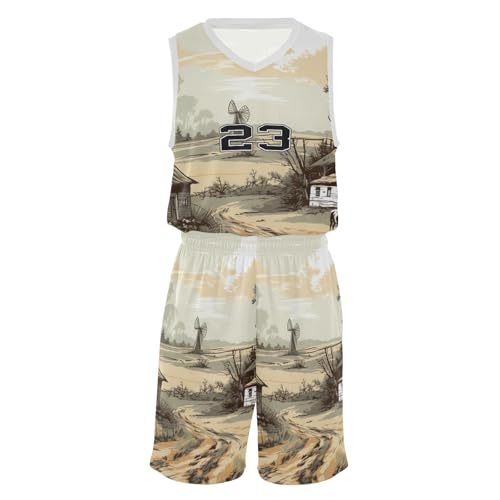 FLildon Rural Village Boys Basketball Jersey Set Tank Top Shorts Tracksuit Sport Training Suit for Kids, S