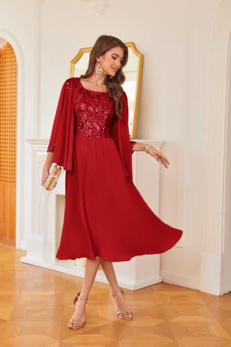Image of GRACE KARIN Formal Wedding Guest Dress Sequin Mother of The Bride Dresses | Two Piece,3 /4 Sleeve,Tea Length,Crew Neck,Fit and Flare,Chiffon,Suitable for Spring /Summer /Fall /Winter /Cocktail /Party /Prom