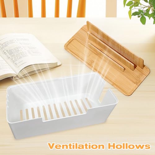 Kabelbox mit Holzdeckel, 30 × 16 × 13 cm Kabel Organizer Box mit Telefon, Smartwatches und Tablet Halterung, Kabelmanagement Box zum Verstecken von Steckdosenleiste und Kabel, Weiß (Weiß)