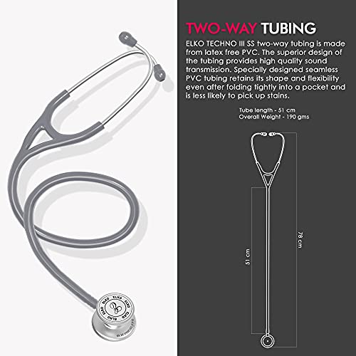 Image of ELKO EL-170 TECHNO III SS Stainless Steel Acoustic Stethoscope | Adult & Pediatric Stethoscope With Double Sided Chestpiece | Two-Way PVC Tubing | Doctors & Medical Students (Grey)
