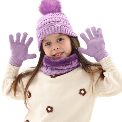 Image of Kids Winter Beanie Hat Scarf Gloves Set for 3-8 Years Old Boys Girls, Thick Warm Knitted Hat Gloves Fleece Lined Scarf Set