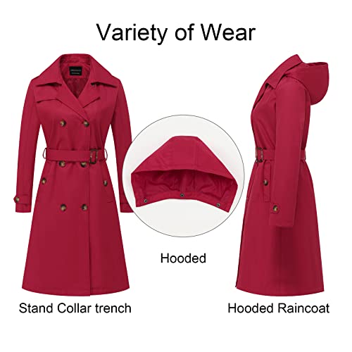 Creatmo Us Trench Coat With Hood Women Mid Length Waterproof Classic Hooded Belt Double Breasted Red M #TOP2