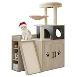 IRONCK Litter Box Enclosure with Cat Tree, 46" Hidden Litter Box with Sisal Scratching Ladder and Storage, Modular Wooden Litter Box Furniture with Condo and Platform, All-in-one Cat Tower, Greige