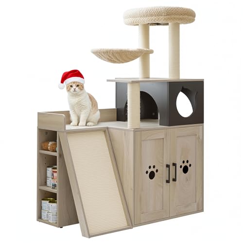 IRONCK Litter Box Enclosure with Cat Tree, 46" Hidden Litter Box with Sisal Scratching Ladder and Storage, Modular Wooden Litter Box Furniture with Condo and Platform, All-in-one Cat Tower, Greige