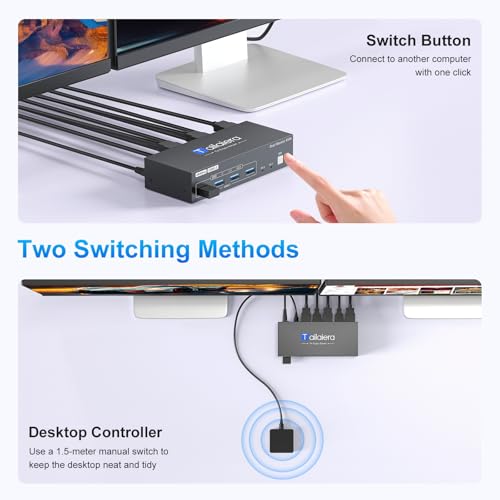 Image of 4K HDMI KVM Switch 2 Monitors 2 Computers Dual Monitor Support 4K@60Hz KVM Switcher PC Extended Display for 2 Port Share 4 USB 3.0 HUB Desktop Controller and 2 USB Cables Included