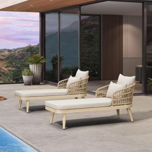Image of PURPLE LEAF Patio Chaise Lounge Chair with 2 Pillows Aluminum Light Oak