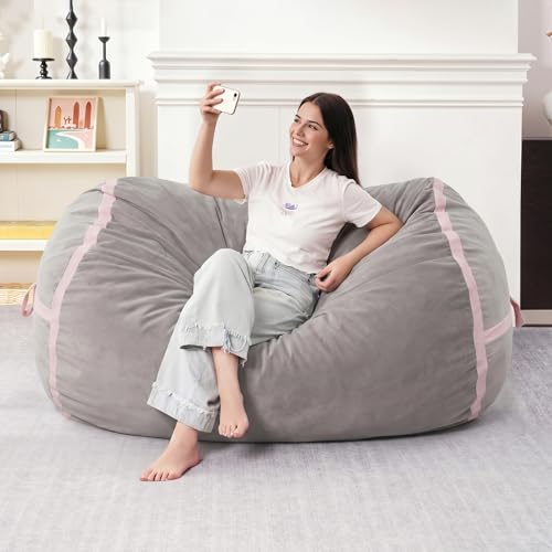 Image of 4FT Bean Bag Chair 4'Big Bean Bag Chairs with Adults, Large Beanbag Chair | Bean bag Lounger with Machine Washable Cover Velvet Fabric, Comfy Chairs for Living Room Bedroom Dorm, Lightgrey with Pink