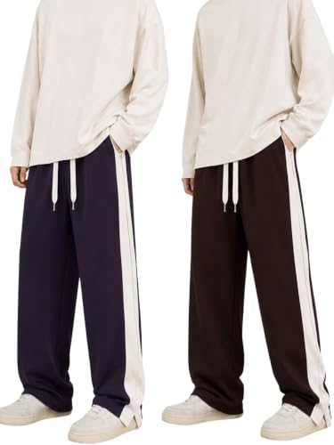 Image of GRECIILOOKS Trouser for Men | Man Relaxed Fit Trousers Twill Track Style | Straight Fit Wide Leg Trousers for Mens with Drawstring Waist | Korean Casual Travel Streetwear Pants