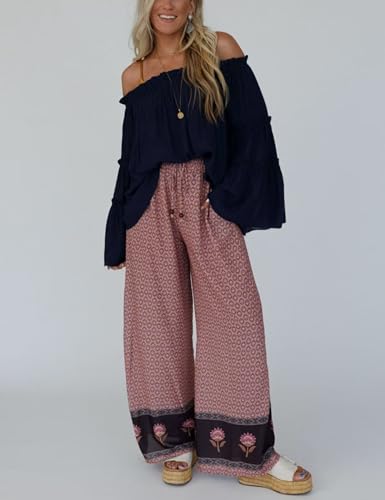 Womens Wide Leg Printed Pants with Stretch Drawstring Waist and Side Pockets Boho Lounge Casual Trousers2
