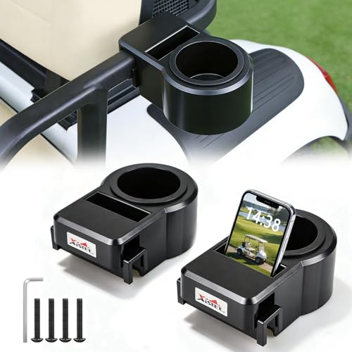 Universal Golf Cart Cup Holders 2Pack Upgraded Waterproof Drink Holder with Phone Holder No Drilling Space-Saving Golf Cart Accessories for EZGO Club Car Yamaha Fits 1-1.25 Square Tube & Grab Bar