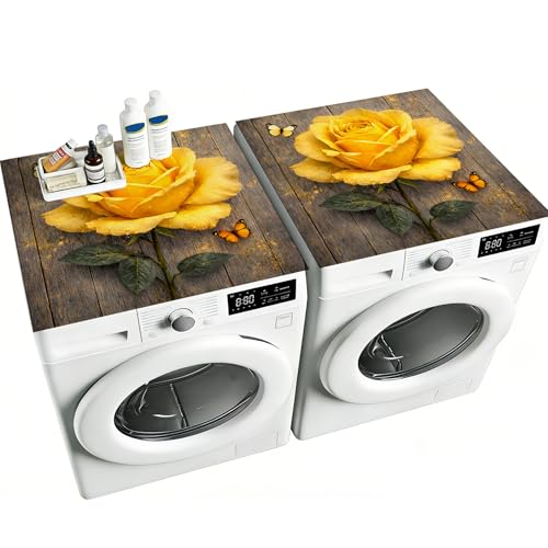 NYZE 2 PCS Washer Dryer Cover Mats for Top, 25.6" x 25.6" Washing Machine Top Protector Mat, Non-slip Quick Drying Wood Yellow Rose Decorative Dryer Top Cover for Laundry Room Home Kitchen
