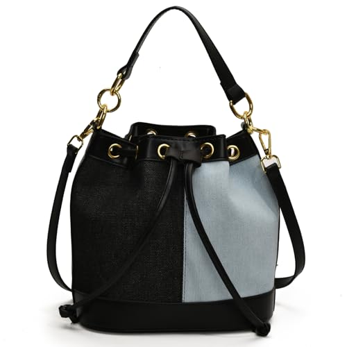 Image of Denim Bucket Bag for Women Handbag Trendy Jean Purse Drawstring Crossbody Shoulder Bag