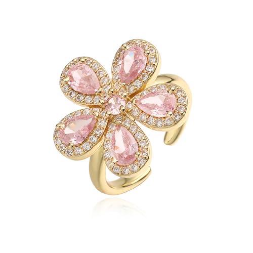 Dainty Pink CZ Flower Adjustable Open Rings for Women Sparkly Crystal Cubic Zirconia Floral 18k Gold Plated Statement Finger Band Engagement Promise Ring Comfort Fit Trendy Jewelry