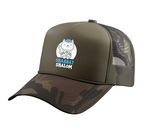 Shabbat Shalom Cat Lover Holy Day Judaism Yom Kippur Trucker Hat with Adjustable Mesh Back, Camo Green