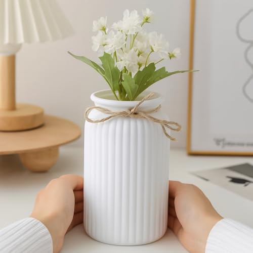 Image of Plastic Ribbed Decorative Vase with Jute Rope Top | Ceramic Look, Unbreakable Flower Pot for Centre Table, Balcony & Living Room Decor | Only Vase (No Flower) (White)
