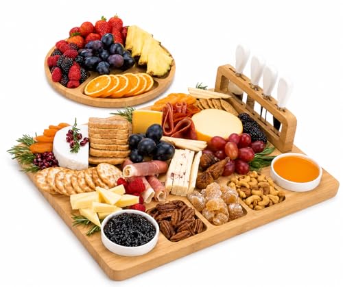 OMIWIN Bamboo Charcuterie Board Set Cheese Board with 4 Stainless Steel Knives & Fruit Tray XL Serving Platter with Juice Groove for Parties Weddings Housewarming & Home Entertaining