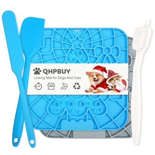 2 Stück Schleckmatte Katze, Schleckmatte Hund mit Saugnäpfen, Leckmatte Hund BPA-freies Silikon, Futtermatte Katze mit 2 Spatel & Bürste, Slow...