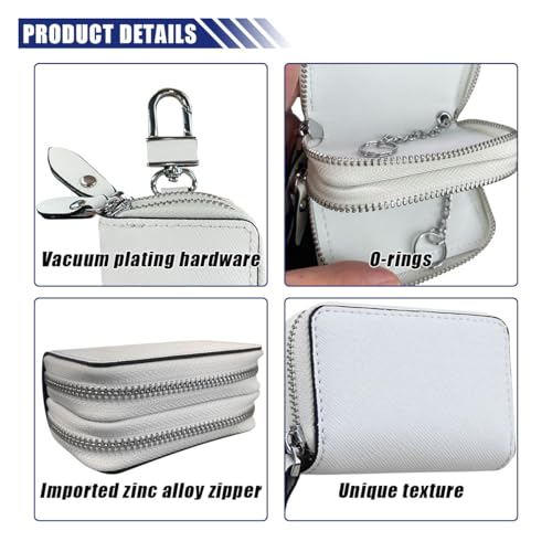 Image of BDZMC Car Key Case, Genuine Leather Car Keychain Holder, 2 Sides Pocket Car Key Fob Zipper Bag, Car Key Case for Women Men(White)