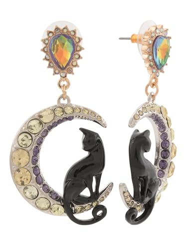 Betsey Johnson Black Cat Crescent Moon Drop Earrings, Crystal Accents, Two-Tone Design