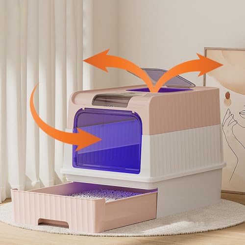 Tirczil 猫トイレ 大型 折りたたみ式 犬 猫用トイレ本体 密閉式ふた付き LEDライト付き ネコトイレ (スコップ付き) 砂飛び散り防止 砂落とし 臭わない 猫砂盆 犬猫 おしゃれ ペット用トイレ (昇進版ピンク ライト付き)