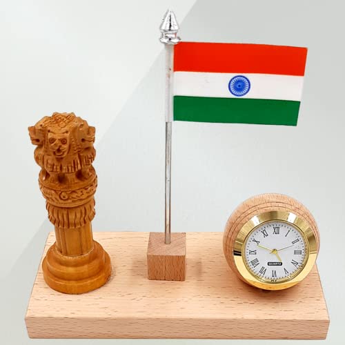 Image of WOOD HOUSE Flag Stand for Office Table, Wooden Flag Stand with Ashoka Pillar & Clock, Wooden Flag Stand with Clock for Office Table Stylish (WH-55)
