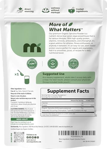 Image of Micro Ingredients Organic Spirulina Powder, 2lb | Blue-Green Algae, Rich in Vegan Protein, Vitamins & Minerals | Source of Natural Chlorophyll & Enzymes | Non-GMO, Gluten-Free, No Additives