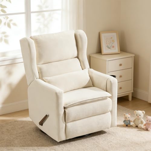 RUTOX Rocking Chair Nursery with Adjustable Headrest,Comfy Swivel Rocker Recliner with Lumbar Support, Manual Nursery Chair Rocker Recliner with Cup Holder and Side Pockets, White
