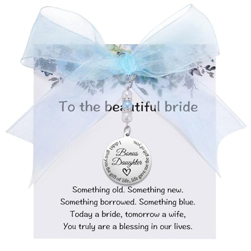 Image of MIXJOY Something Blue Gift for Bride, Wedding Day Bridal Blue Pearl Angel Wings Bouquet Garter Charm for Bride to Be