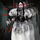 Scary Halloween Decorations Outdoor, Hanging Swinging Girl Ghost with Lighted Eyes and Creepy Sound, Sound Activated Scary Animatronic Doll Prop for Haunted House Yard Porch Halloween Party Decor