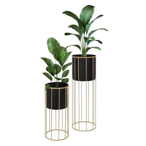 ML-Design 2 Soportes para Plantas de Metal Negro-Dorado Macetero Pedestal 21x46,7/24x70,5 cm Jardinera para Interior o Exterior Industrial Decorativo Construcción Robusta y Estable para Flores