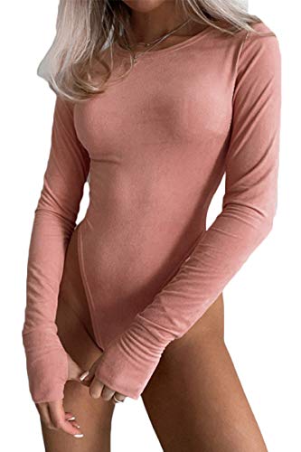 Mulisky Women's Round Collar High Cut Long Sleeve T Shirts Elastic Bodysuit Jumpsuit with Thumb Holes Pink L