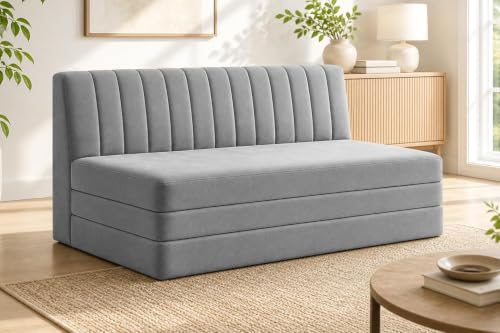 Image of 3 Seater Foldable Floor Sofa Bed with, Modern Velvet Fabric Folding Couch for Living Room, Guest Room & Small Spaces- Grey Color