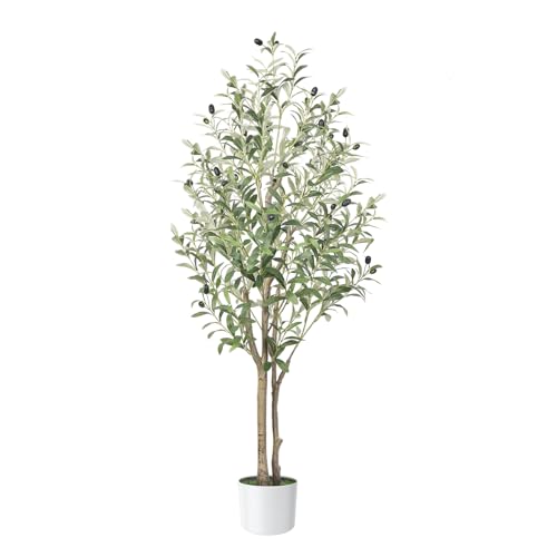 Alupssuc 4FT Faux Olive Tree with White Pot, Indoor Outdoor with Natural Wood Trunk & Lifelike Fruits, Perfect for Modern Home Office & Living Room Floor Decor