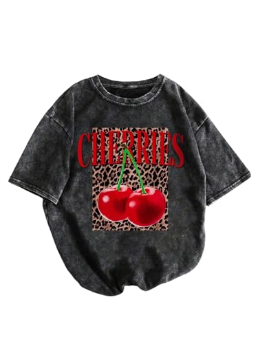 SHENHE Women's Washed T-Shirt Short Sleeve Leopard Cherry Graphic Tees Vintage Crew Neck Shirts Black Large