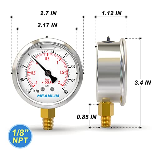 Image of MEANLIN MEASURE -30inHG~30Psi Stainless Steel 1 /8 inch NPT 2.5 inch FACE DIAL Vacuum Pressure Gauge, Lower Mount, with 1 /4 inch NPT and 3 /8 inch NPT Hex Bushing