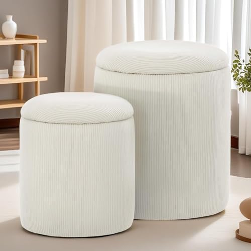 YSICK Round Ottoman with Storage, Set of 2, Small Vanity Stool as Vanity Chair, Corduroy Ottoman Foot Rest for Small Space, Living Room, Bedroom, Beige