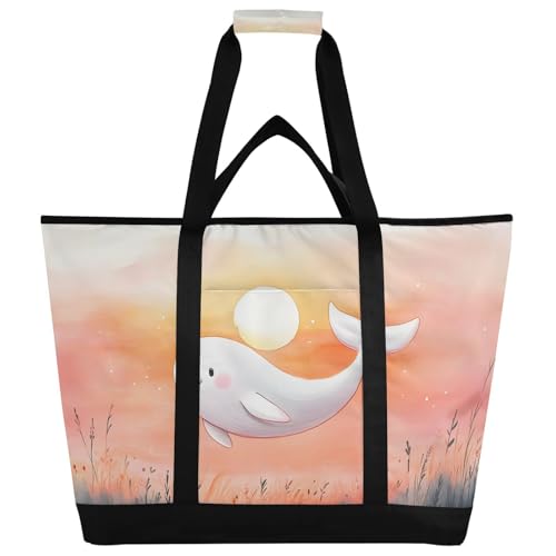 Large Insulated Tote Bag Whale Cute Moon for Grocery Shopping Reusable Tote Bags for Women Men, Cooler Bag with Zippered Top & Handles for Beach Picnic Travel